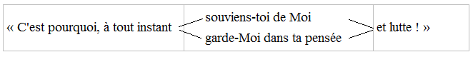 C'est pourquoi à tout instant souviens-toi de Moi (ou garde-Moi dans ta pensée) et lutte.